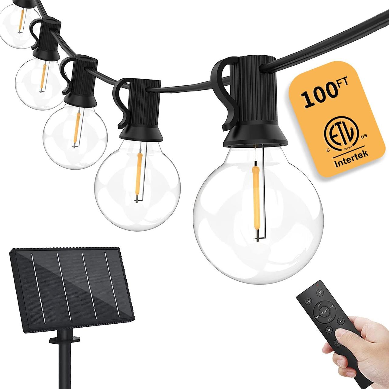 Bomcosy Сонячні зовнішні струнні світильники з дистанційним керуванням, 100-футові водонепроникні світильники для патіо G40 комерц, фото 1