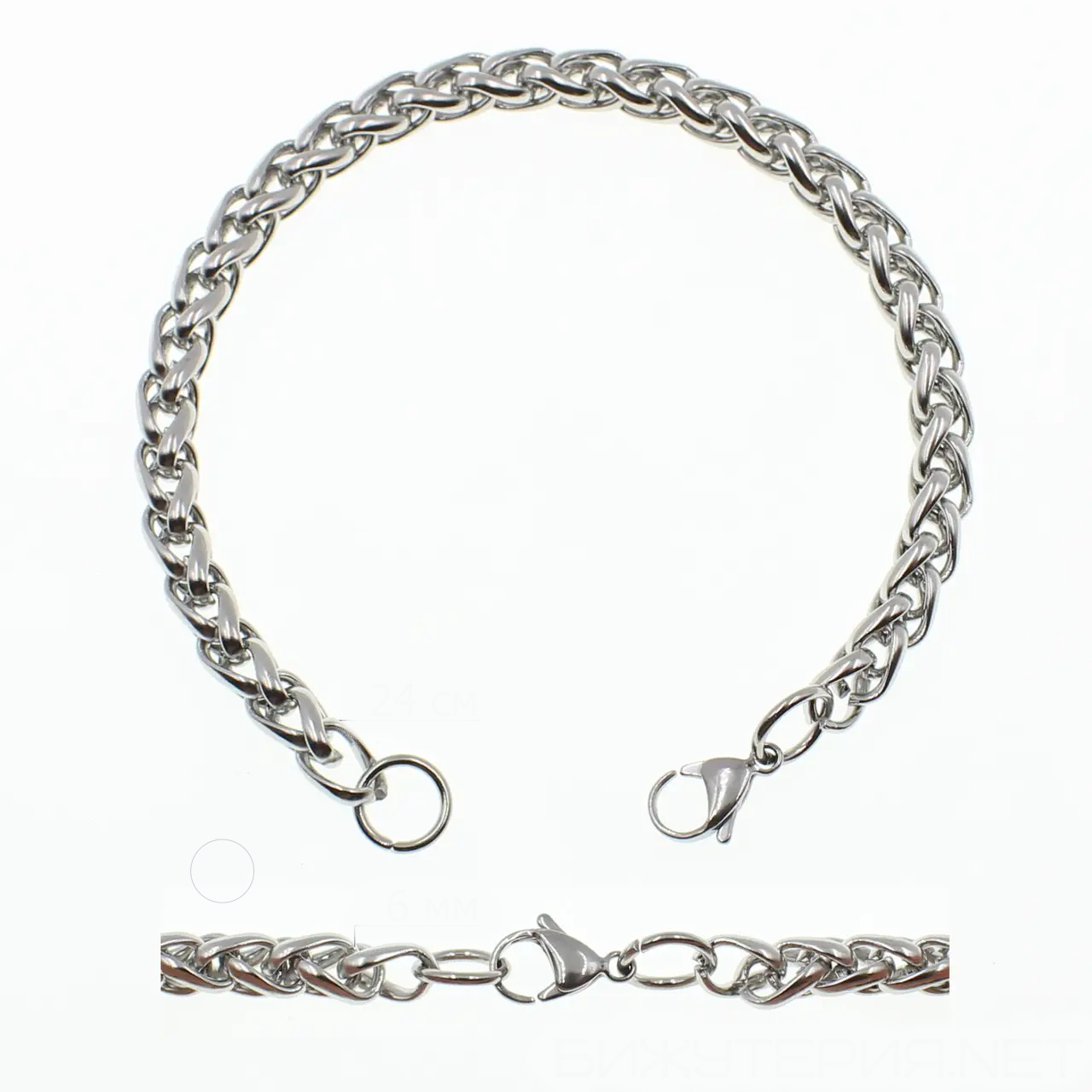 Браслет сріблястий чоловічий лосок Stainless Steel із медичної сталі довжина 22 см ширина 4 мм