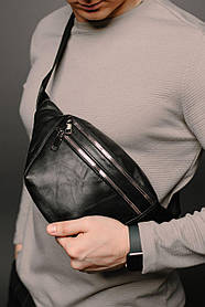 Чоловіча бананка Black Сумка поясна з натуральної гладкої шкіри чорна з регульованим ремінцем 1 відділення