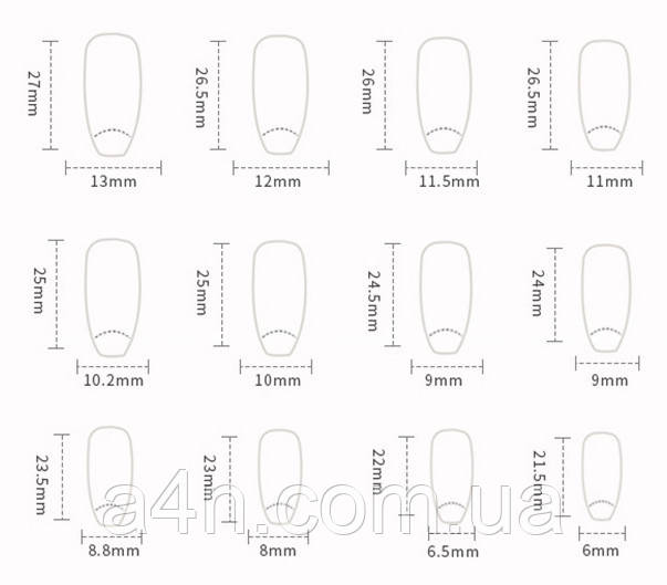 Накладні нігті - Інтернет-магазин A4N Розміри накладних нігтів