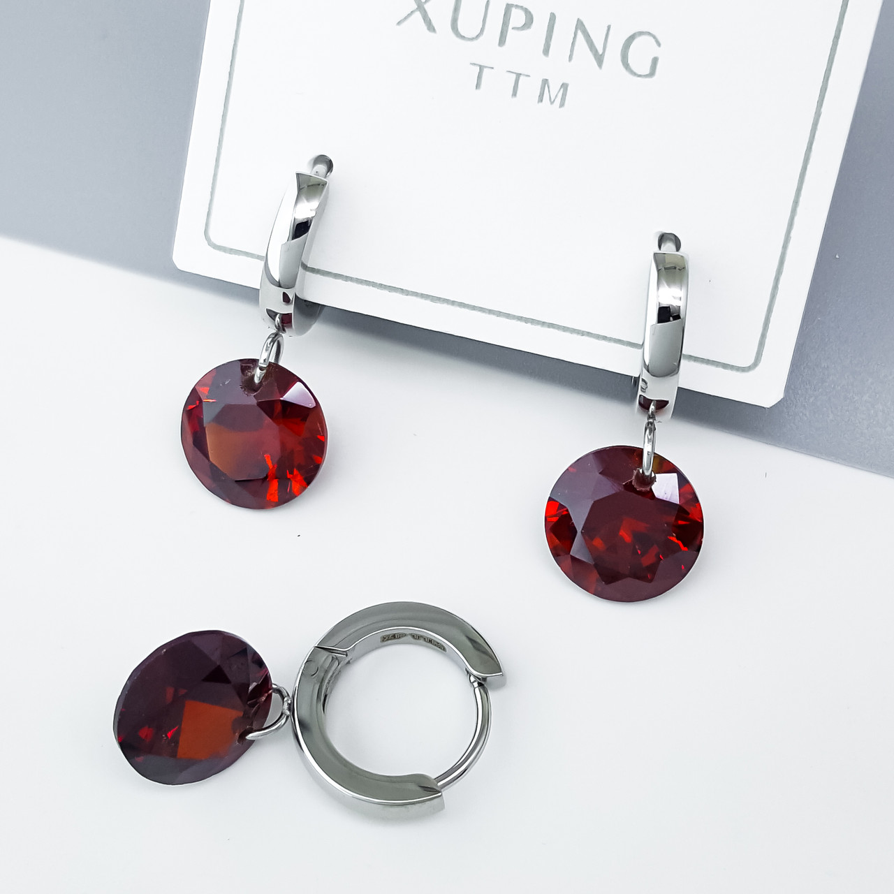 Сережки підвіски "Червоний Циркон", медсталь Xuping, stainless steel, родій