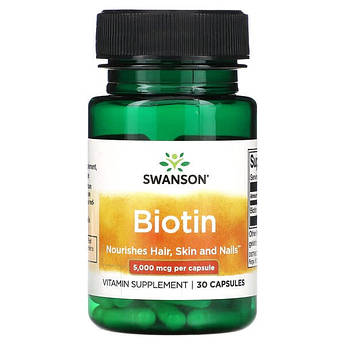 Біотин Swanson Biotin 5000 мкг для росту волосся 30 капсул
