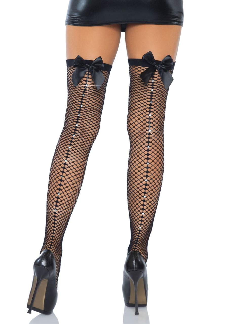 Панчохи-сітка зі швом, стразами та бантом ззаду Leg Avenue Bow back seam thigh highs Black, one size, фото 1