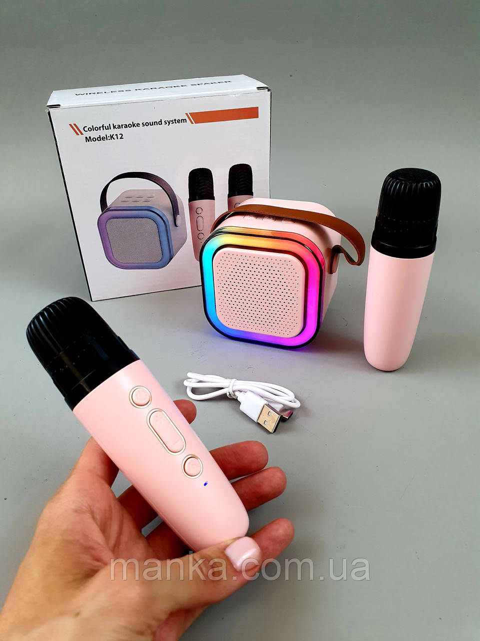 Дитяче караоке з 2-ма мікрофонами K12 зі зміною голосу Bluetooth  колонка з RGB підсвічуванням Рожева C 65427, фото 1