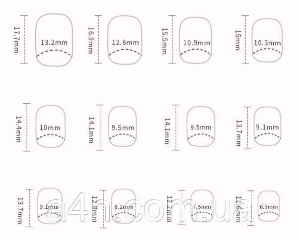Накладні нігті - Інтернет-магазин A4N Розміри накладних нігтів