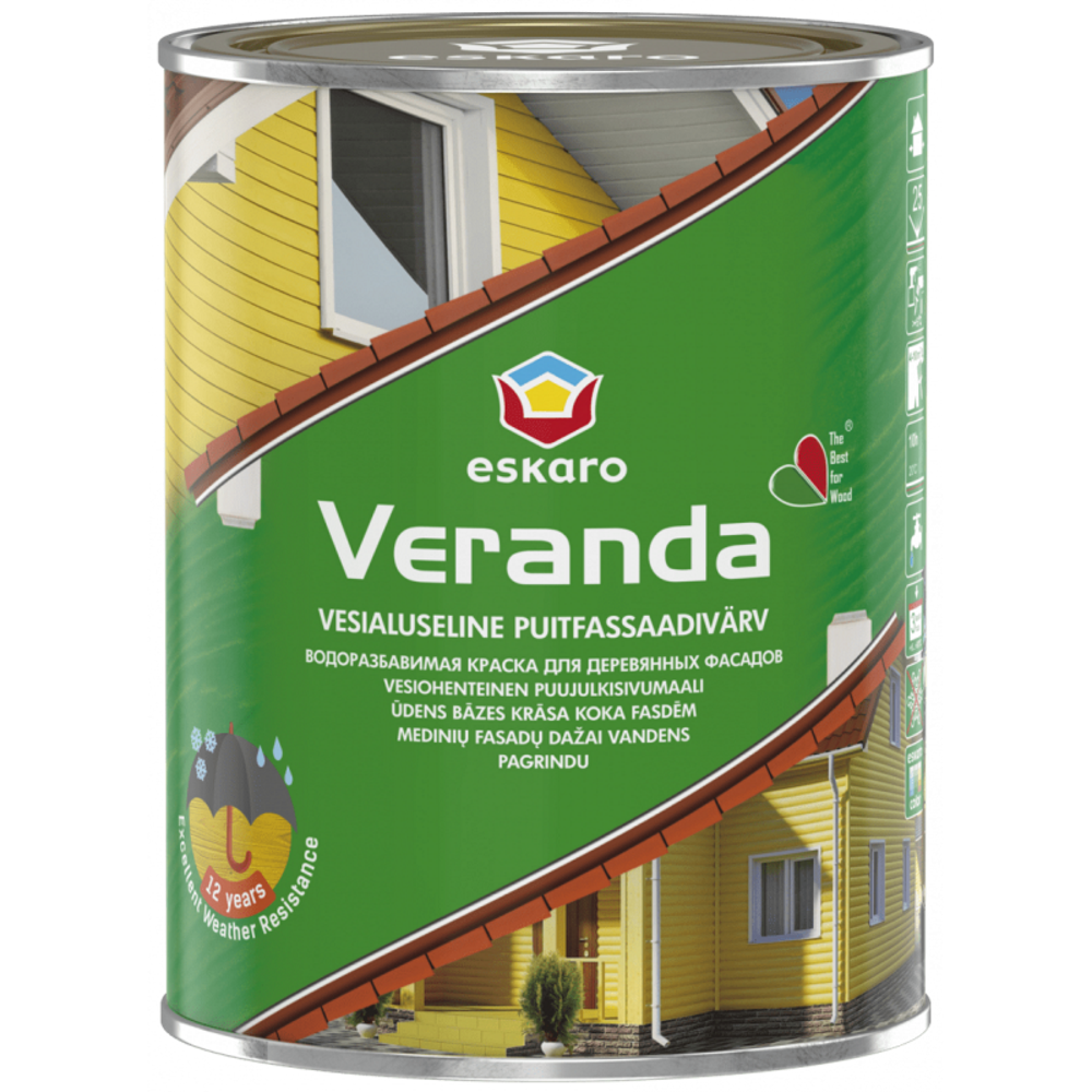 Eskaro Veranda, фасадна фарба для дерев’яних будинків на водній основі, TR (прозора база), 0,9л
