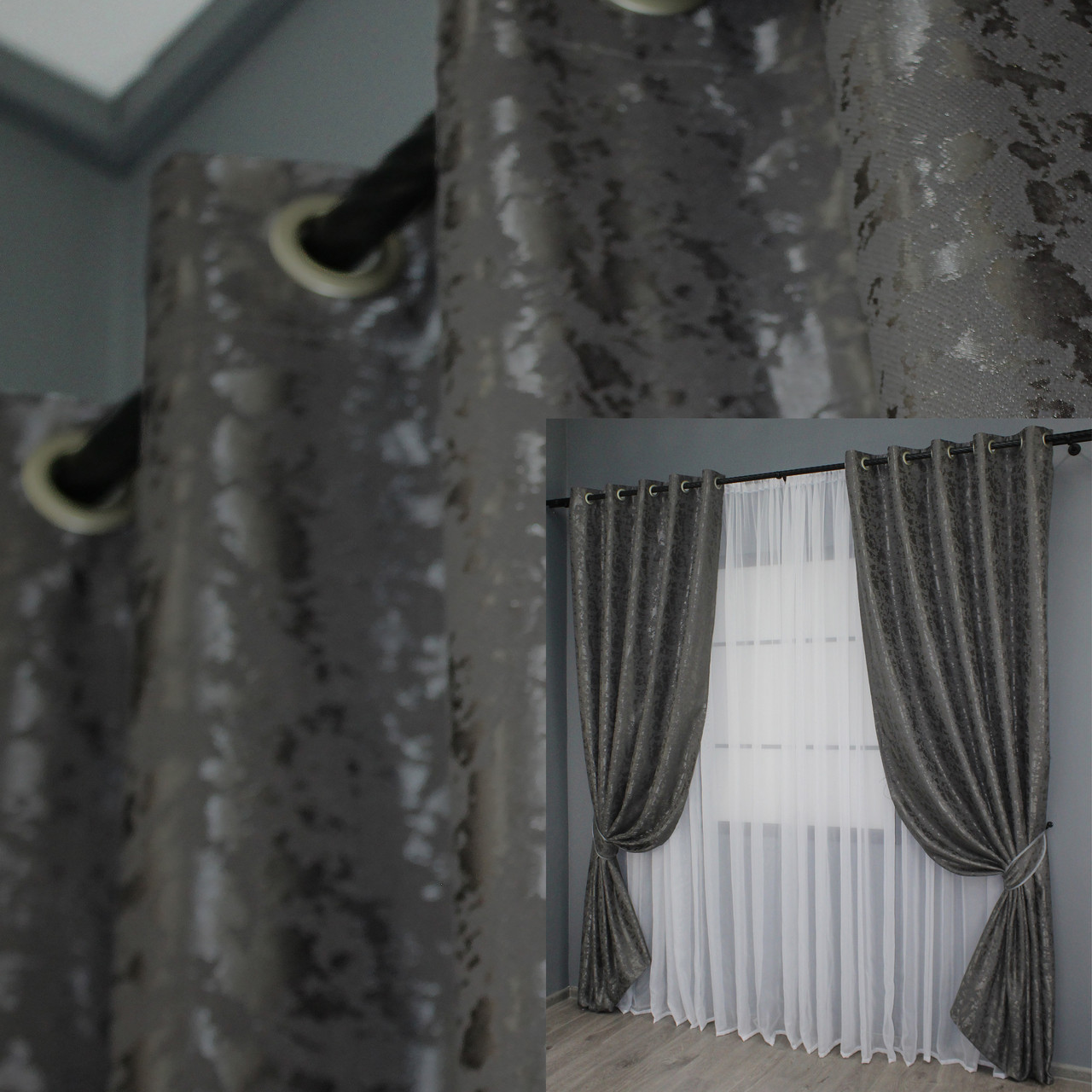 Комплект (2шт. 1,5х2,5м.) штор на люверсах, льон мармур, "Pavliani ХО". Колір сіро-коричневий. Код 1267ш 37-0100, фото 1