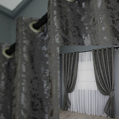 Комплект (2шт. 1,5х2,5м.) штор на люверсах, льон мармур, "Pavliani ХО". Колір сіро-коричневий. Код 1267ш 37-0100