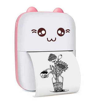 Принтер дитячий акумуляторний Mini printer Cat Ears 8499 Bluetooth Рожевий, фото 1