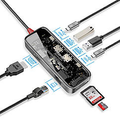 USB-C хаб 8-в-1 Promate TransHub-Mini USB-C PD/HDMI/USB-C/2xUSB 3.0/RJ45/SD/MicroSD Grey (transhub-mini)