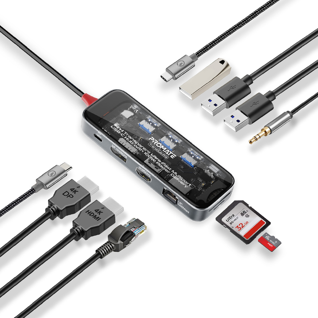 USB-C хаб 11-в-1 Promate TransHub-Pro USB-C PD/HDMI/DP/USB-C/USB 3.0/2xUSB 2.0/RJ45/SD/MicroSD/AUX 3.5 мм Grey (transhub-pro)