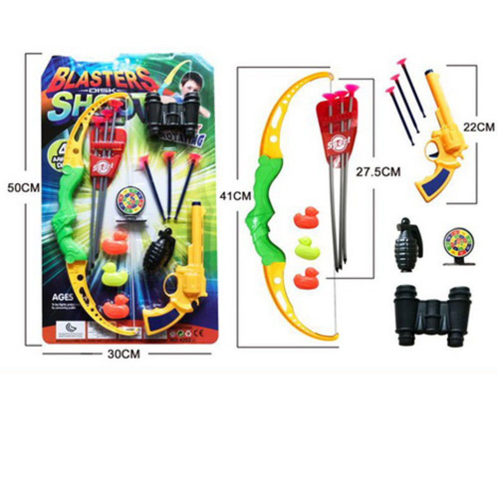 Набір зброї:лук 41см,пістолет,стріли-присоски,тула,бінокль,на листі,30х50х4см №4202B(48), фото 1