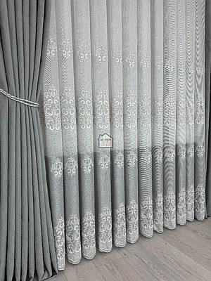 Тканина для тюлю льон «сірий низ з вензелем» лт7