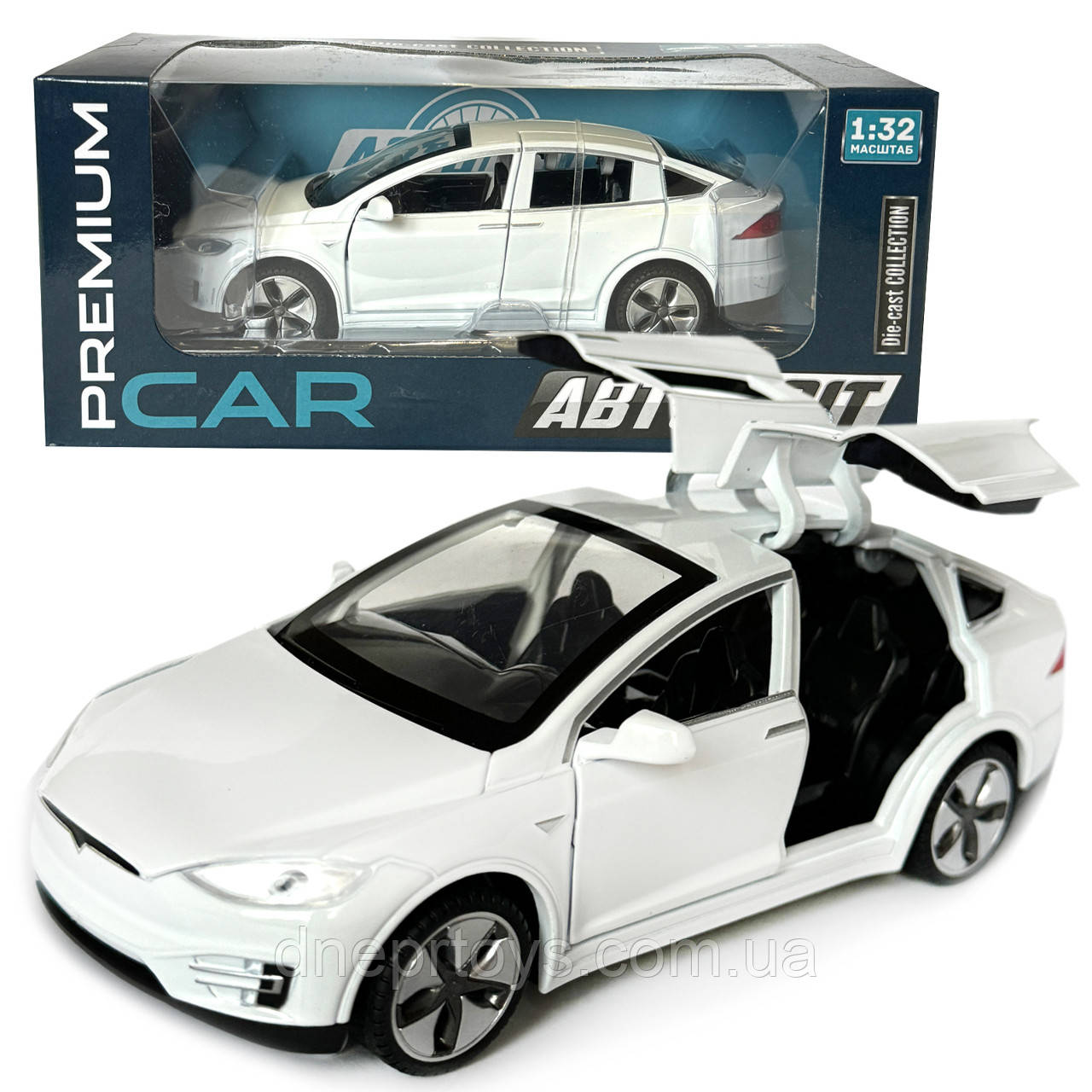 Машинка металева Tesla Model x Тесла біла 1:32 світло звук відкриваються двері баг капот резинові колеса 15,5*5*6 см (AP-1783)