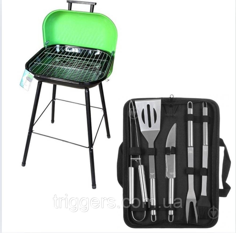 Гриль Time Eco вугільний портативний + Набір для барбекю Grilland 5 предметів в чохлі
