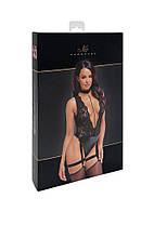 Боді Noir Handmade F297 Libido, XL, чорне, мереживо, низ під латекс, відкритий доступ, гартери, фото 5