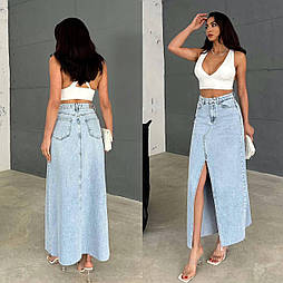 Жіноча джинсова розкльошена довга спідниця з розрізом спереду