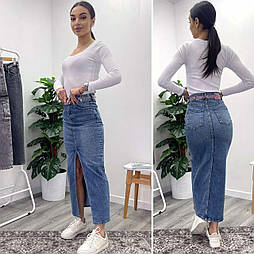 Жіноча джинсова синя довга спідниця з розрізом спереду