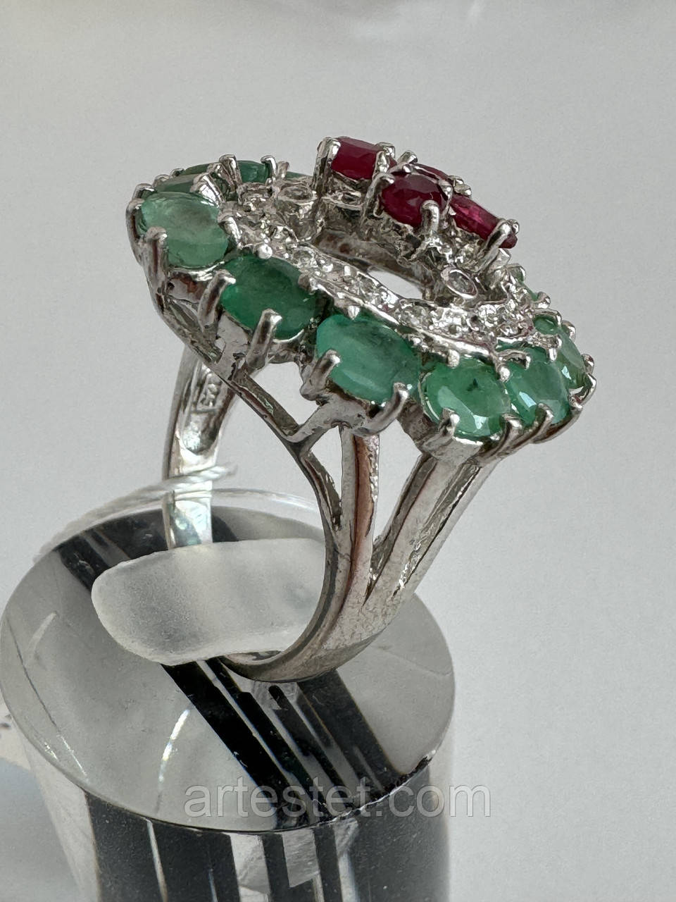 Срібне кільце з рубінами та смарагдами Cz, фото 1