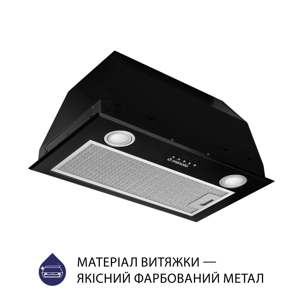 Витяжка на кухню Minola HBI 5722 BL 1200 LED, чорна потужна повновбудована кухонна витяжка, 1200 куб. м., 52 см, фото 1