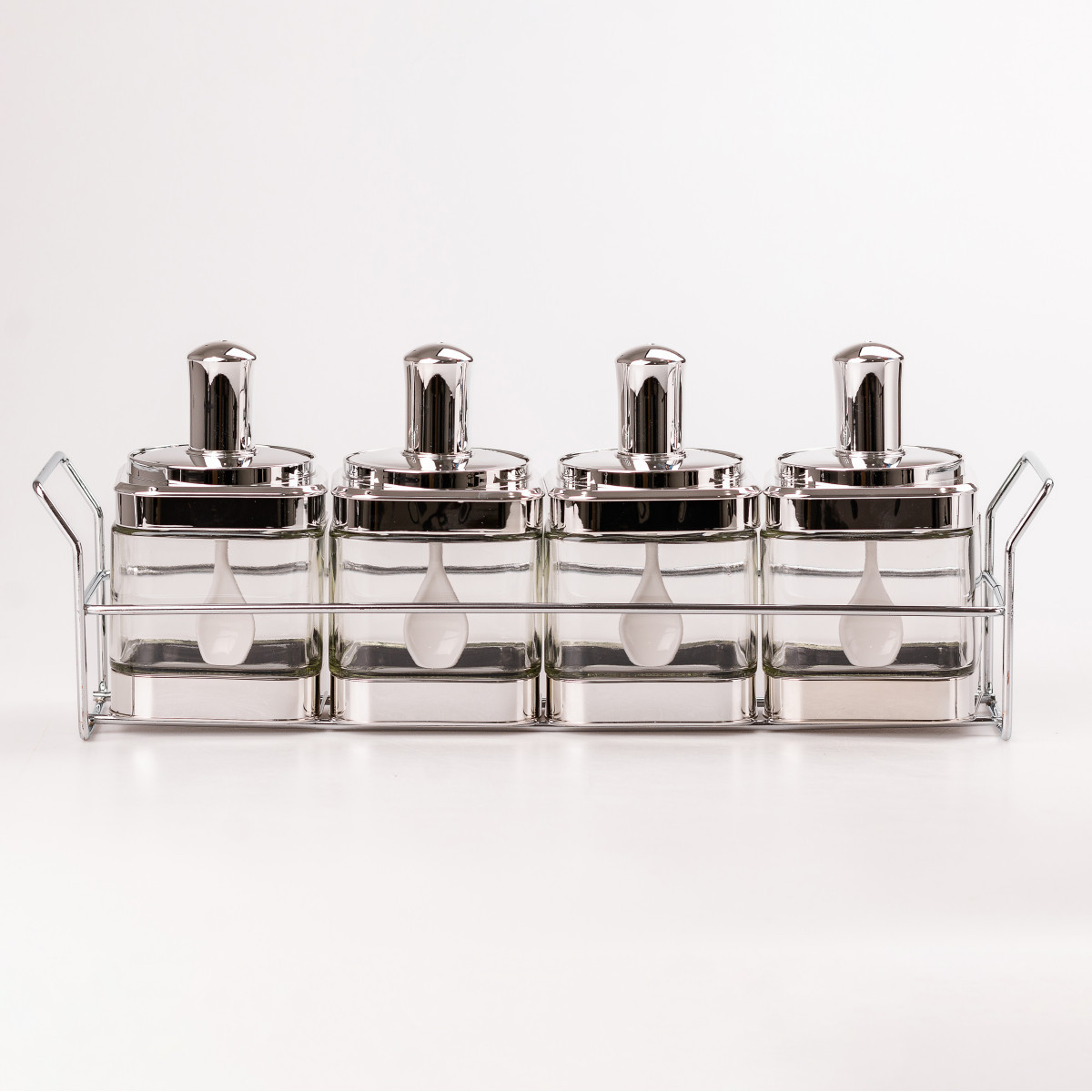 Банки для сипучих продуктів набір з 4 шт скляні ємності для зберігання з ложкою на металевій підставці, фото 1