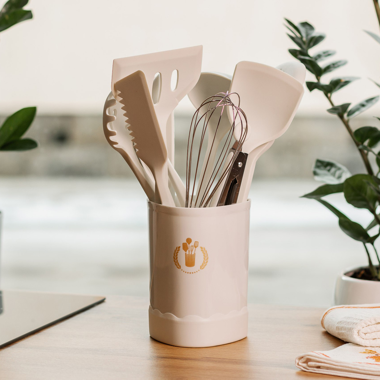 Набір кухонного приладдя на підставці 12 штук кухонні аксесуари силіконові з дерев'яною ручкою, фото 1