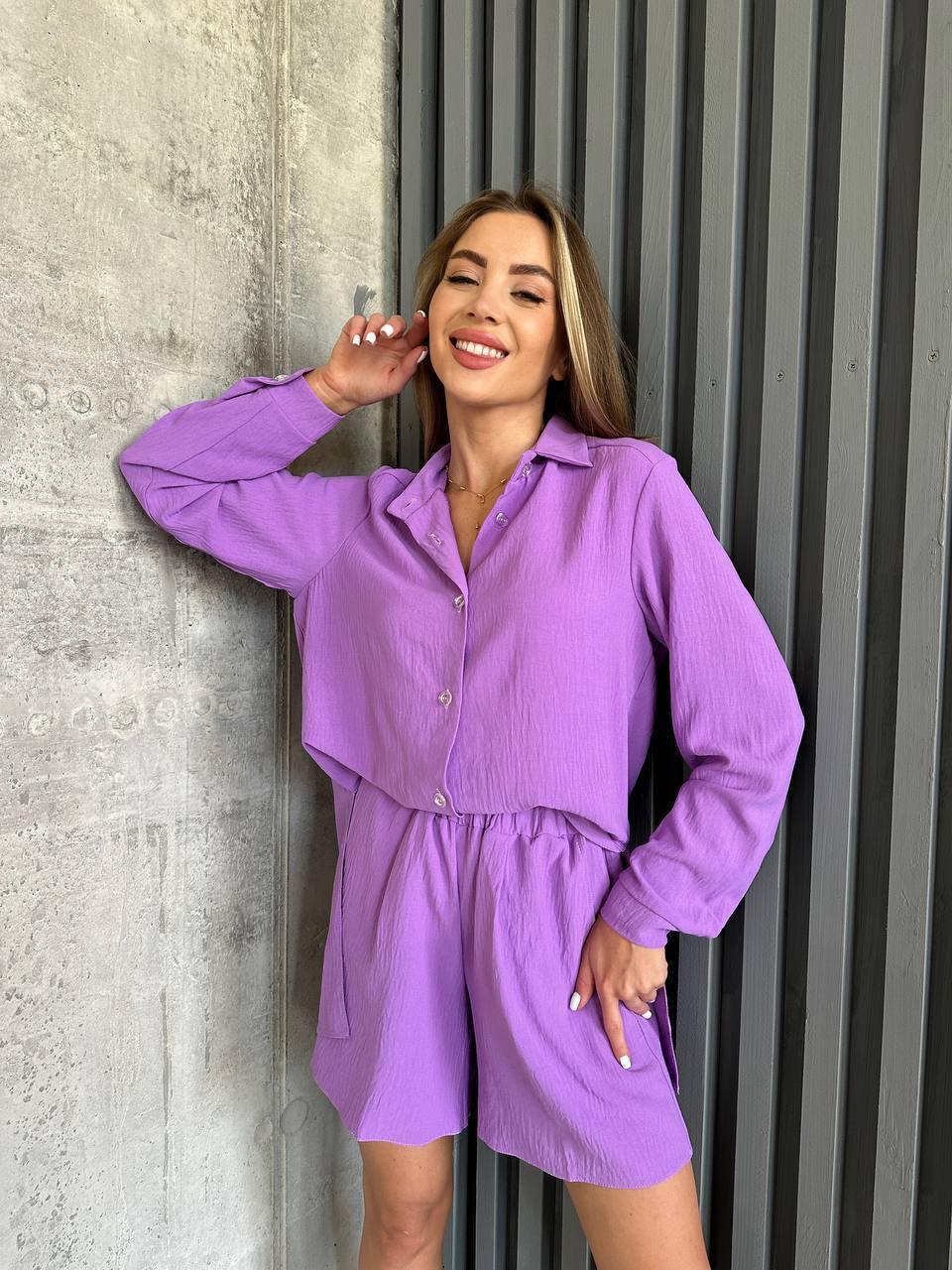 Прогулянковий літній жіночий костюм однотонний - сорочка та шорти (Розміри S-M, L-XL), Фіолетовий