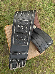 Шкіряний пояс (черес) широкий на 2 пряжки з металевим оздобленням