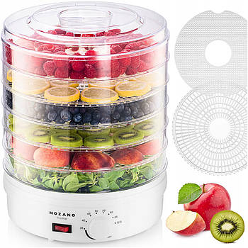 Електросушарка для овочів і фруктів Mozano Food Dehydrator 500 Вт, 6 лотків, біла, Польща