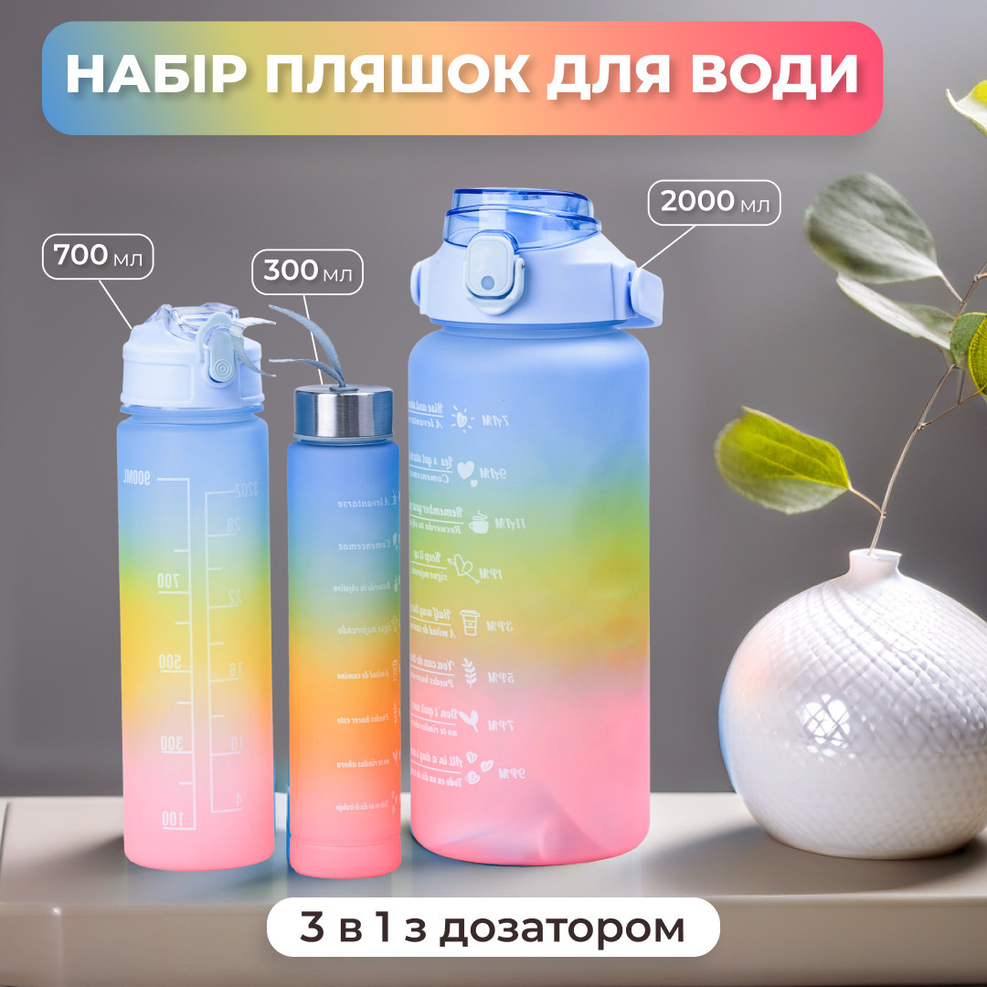 Багаторазова пляшка для води набір 3 в 1 з напувалкою Райдуга 0.3 (л) 0.7 (л) 2 літри Синий, фото 1