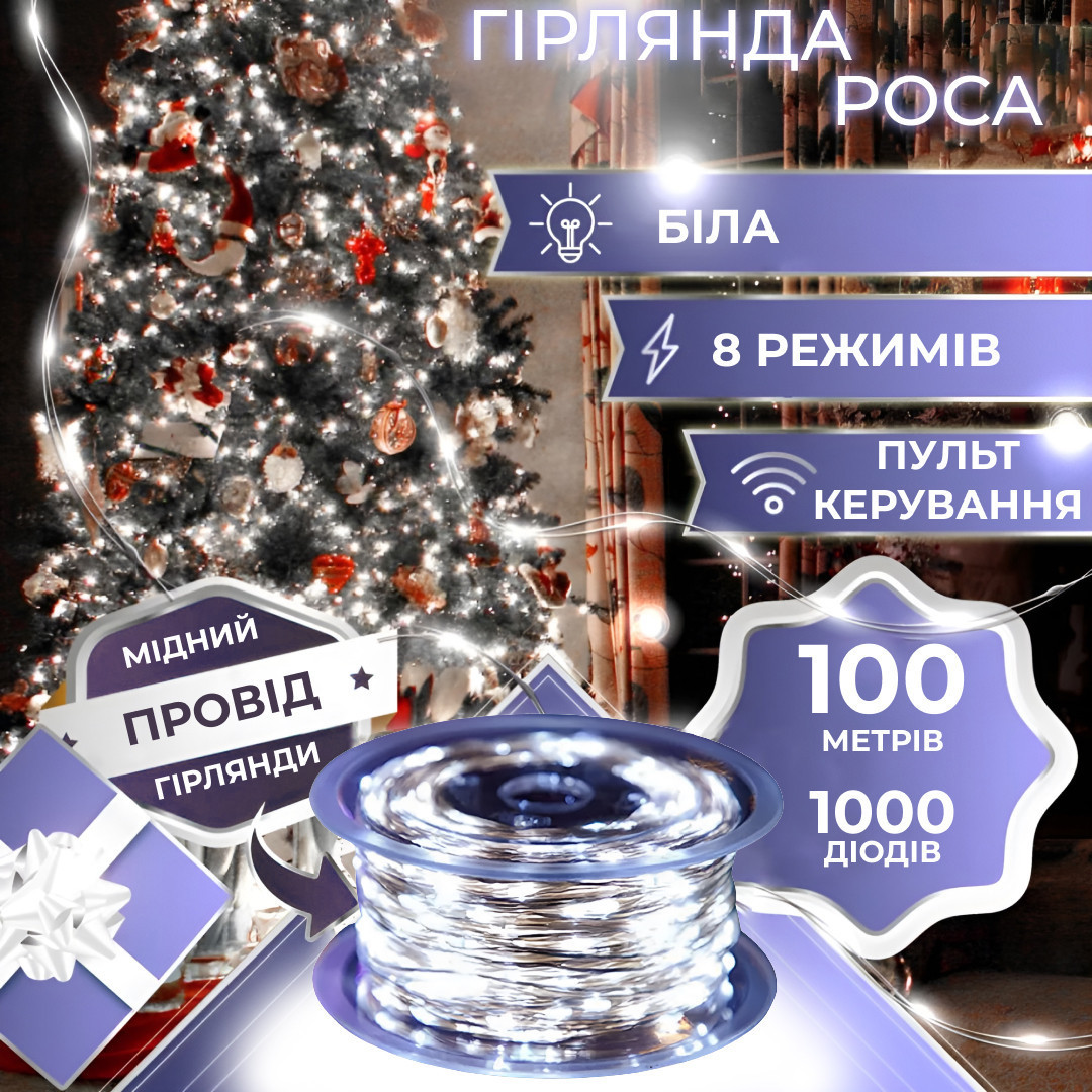 Гірлянда Роса Крапля 100 метров 1000 LED світлодіодна гірлянда в котушці мідний провід 8 функцій + пульт Білий, фото 1