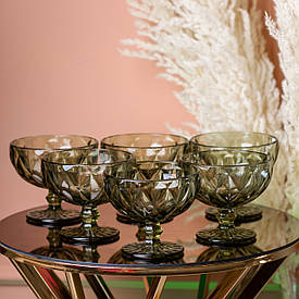 Креманка 300 (мл) фігурна гранована з товстого скла набір 6 штук для морозива, десертів, желе Зелений