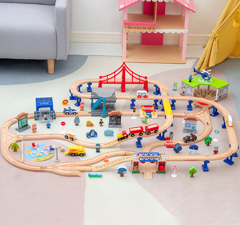 Дитяча залізниця з дерева Iekool, 134 деталі, 138x101 (Brio, Ikea, Playtive) A4146, фото 1