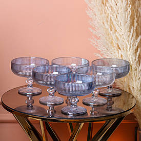 Креманка для морозива 250 (мл) набір 6 штук фігурна прозора ребриста скляна Блакитний