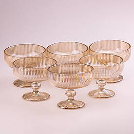 Креманка для морозива 250 (мл) набір 6 штук фігурна прозора ребриста скляна Tea Color