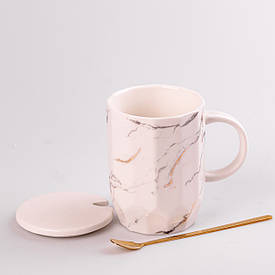 Чашка керамічна мармур 420мл з кришкою та ложкою чашка з кришкою чашки для кави Білий