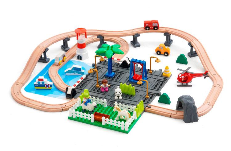 Дитяча залізниця з дерева Iekool, 78 деталей, 74x84 (Brio, Ikea, Playtive) PB-GD, фото 1
