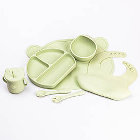 Дитячий набір силіконового посуду для годування дитини 7 предметів Оливковий