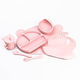 Дитячий набір силіконового посуду для годування дитини 7 предметів Рожевий