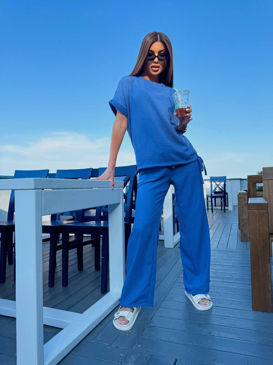 Літній жіночий стильний костюм з льону однотонний на кожен день (Розміри XS-S,M-L,XL-XXL), Джинс