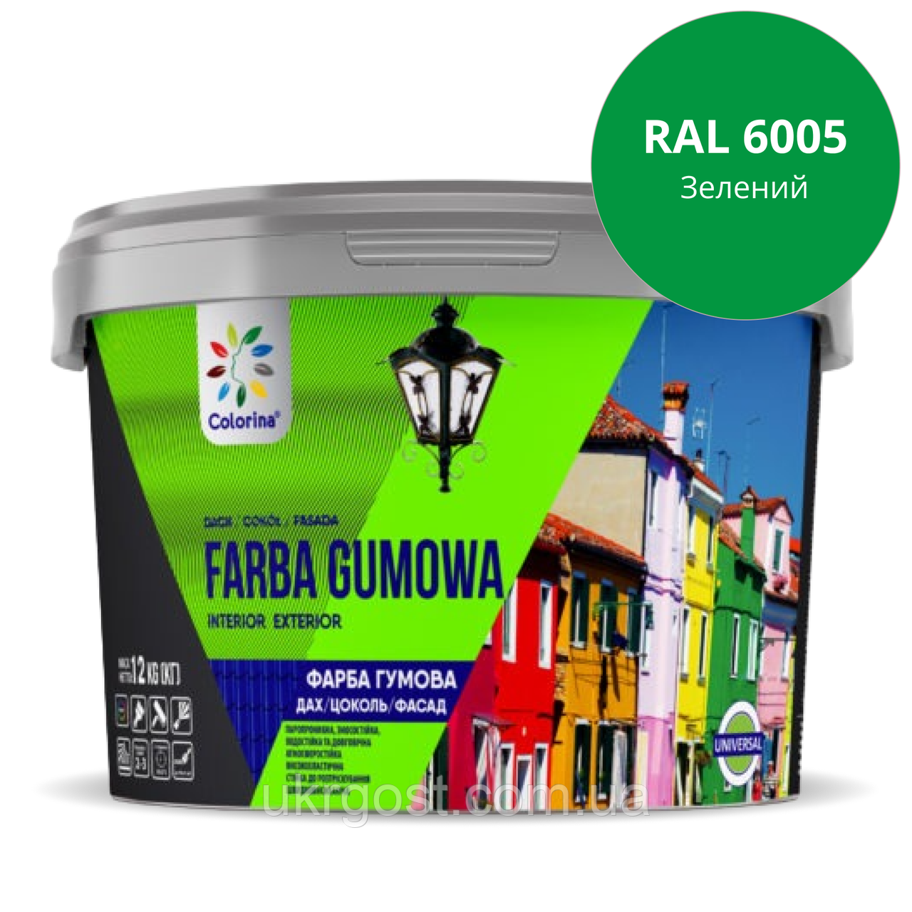 Фарба гумова універсальна Colorina RAL 6005 Зелений мат 12 кг