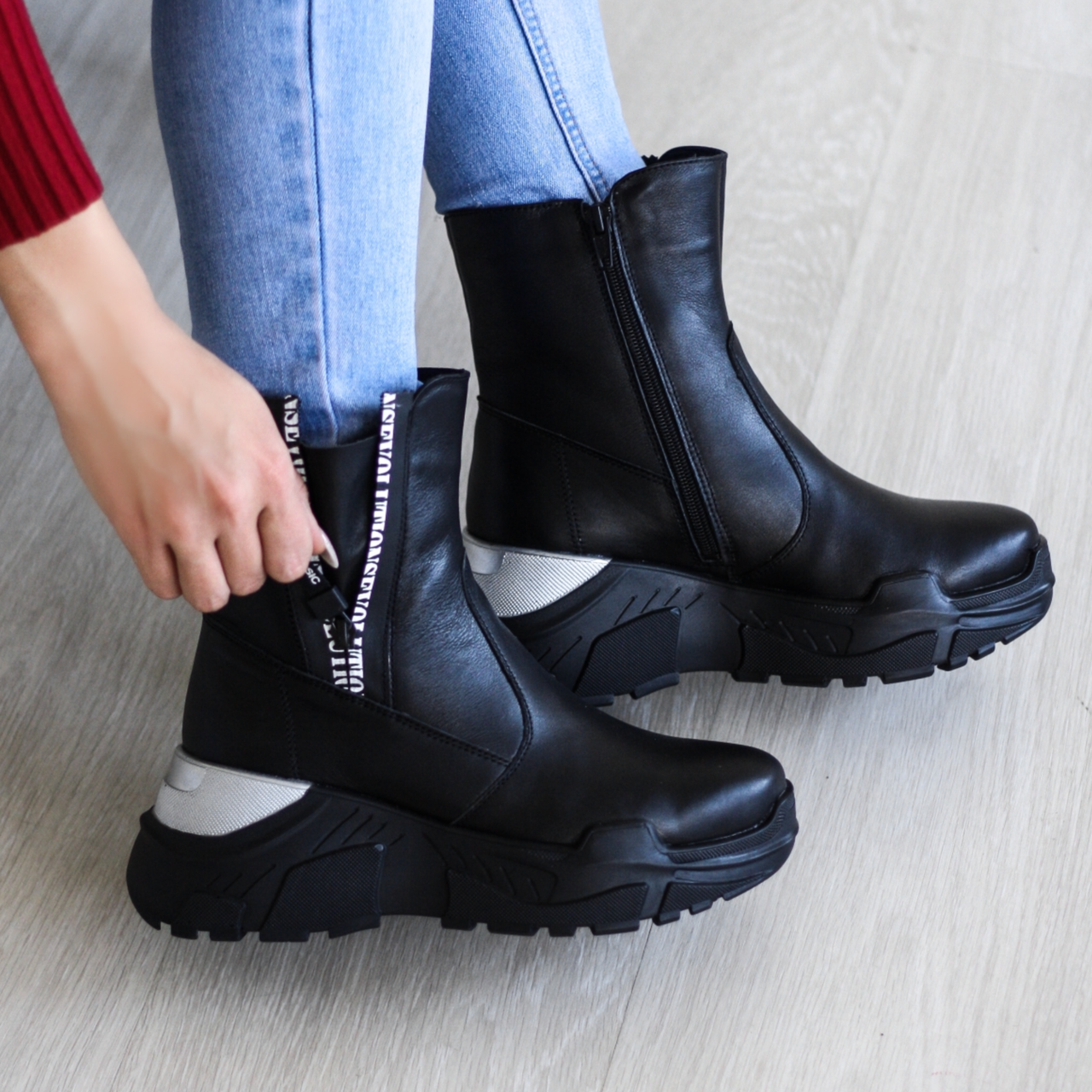 Жіночі черевики з високоякісної шкіри чорного кольору на платформі «Style Shoes», фото 1
