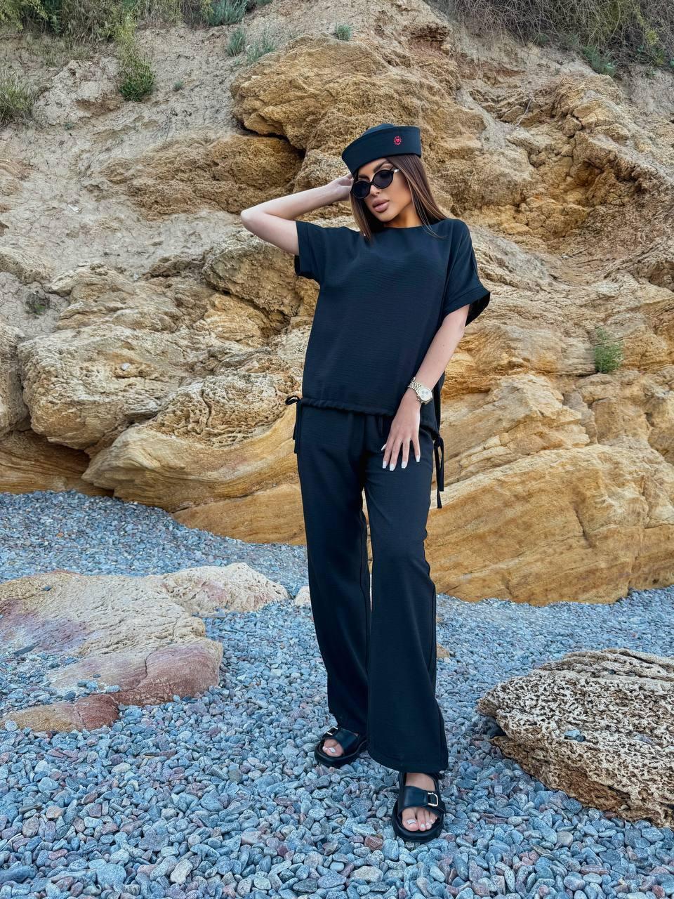 Літній жіночий стильний костюм з льону однотонний на кожен день (Розміри XS-S,M-L,XL-XXL), Чорний