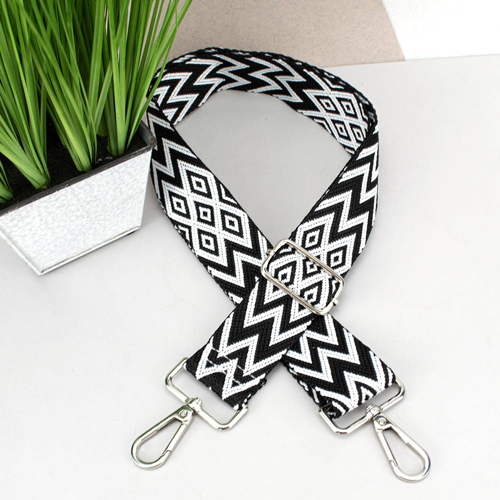 Ремінь для сумки текстильний 38 мм 8234 silver з карабінами чорно-білий