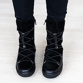 Напівчоботи місяцеходи шкіряні чорного кольору на хутрі «Style Shoes»