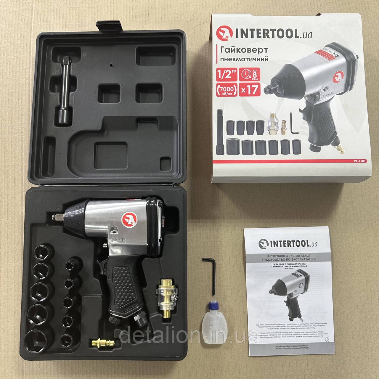 Гайковерт пневматичний у валізі + набір головок, 17 од, 1/2" INTERTOOL PT-1101, фото 1