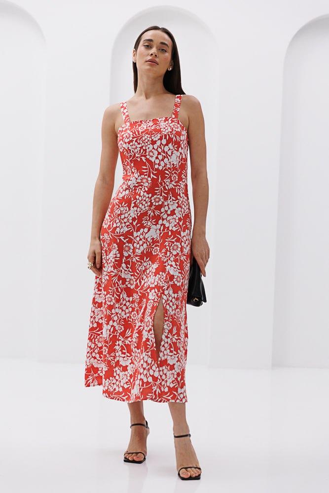 Жіноча літня сукня міді з квітковим візерунком і розрізом, фото 1