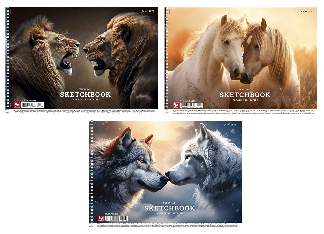 Альбом для малювання А4 30 арк спіраль 120 г/м2 УФ лак 8008 Асорті уні, фото 1