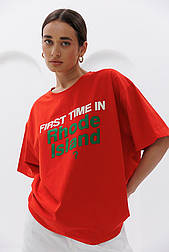 Жіноча фуболка оверсайз із написом FIRST TIME IN RHODE ISLAND? в розмірі SIZE ONE