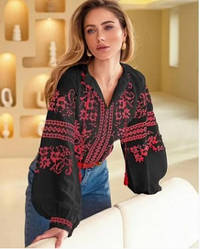 Жіноча вишиванка, сорочка, блуза чорного кольору з вишивкою хрестиком, довгі рукави розміри S, M, L